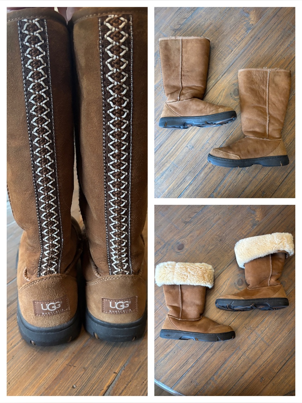 UGG size 9 Tasman Ultimate
Tall braid tan/brown boots with lining & rubber sole